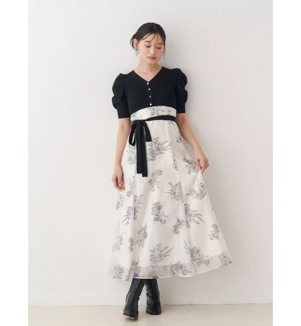 MERCURYDUO「ブーケ花柄ニットドッキングワンピース」|ワンピース|