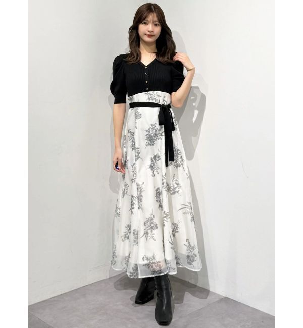 MERCURYDUO「ブーケ花柄ニットドッキングワンピース」|ワンピース|