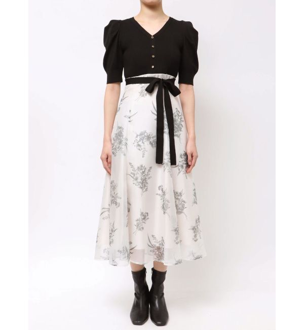 MERCURYDUO「ブーケ花柄ニットドッキングワンピース」|ワンピース|