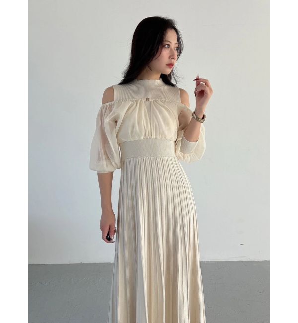 MERCURYDUO「異素材ドッキングプリーツフレアニットワンピース」|ワンピース|