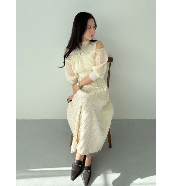 MERCURYDUO「異素材ドッキングプリーツフレアニットワンピース」|ワンピース|