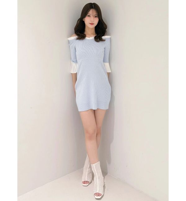 MERCURYDUO「異素材プリーツオフショルミニニットワンピース」|ワンピース|