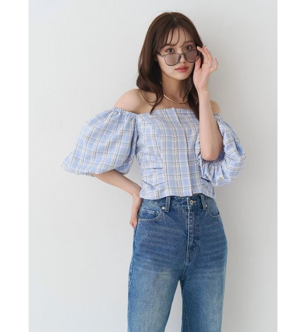 MERCURYDUO「2WAYチェックオフショルベアブラウス」|シャツ・ブラウス|