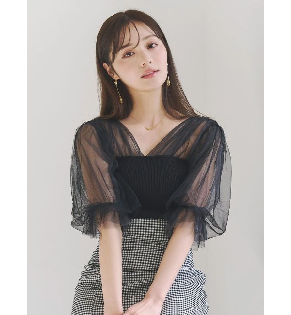MERCURYDUO「チュールギャザー使いニット」|ニット・セーター|ブラック