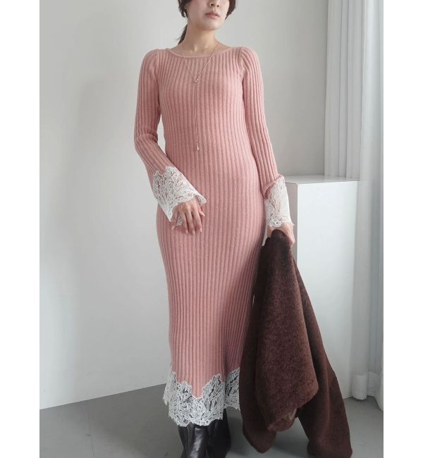 LAGUNAMOON「レースドッキングリブニットワンピース」|ワンピース|ピンク
