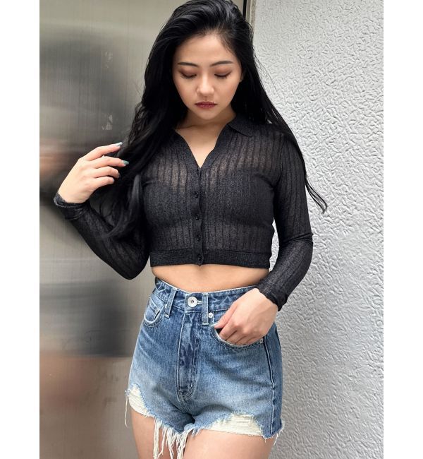 GYDA「ハイウエストJUBEYO bijouデニムショートパンツ」|デニム|