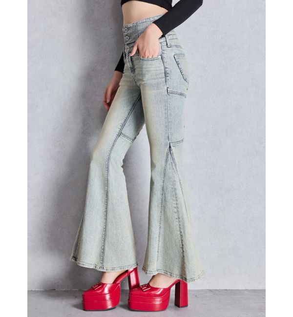 GYDA「ハイウエストボタンBACKレースアップフレアデニムパンツ」|デニム|