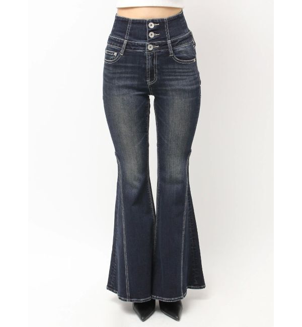 GYDA「ハイウエストボタンBACKレースアップフレアデニムパンツ」|デニム|