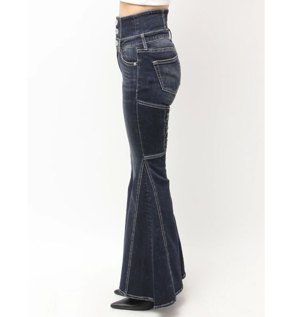 GYDA「ハイウエストボタンBACKレースアップフレアデニムパンツ」|デニム|