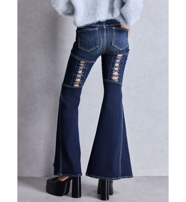 GYDA「ハイウエストボタンBACKレースアップフレアデニムパンツ」|デニム|インディゴ