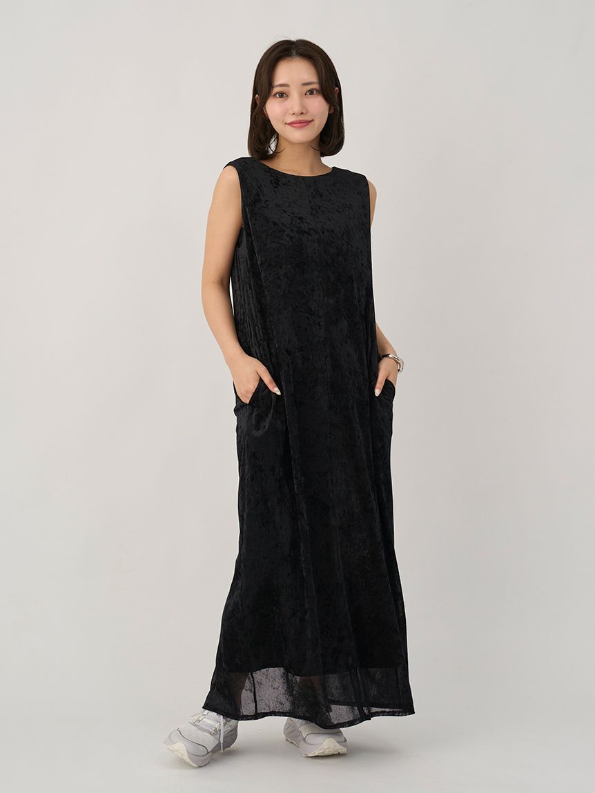 emmi atelier「メッシュベロアバックドレープワンピース」|ワンピース|BLK