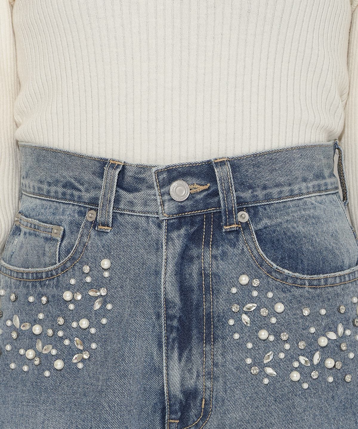 アンドクチュール「パール&times;ビジューダメージデニム」|デニム|