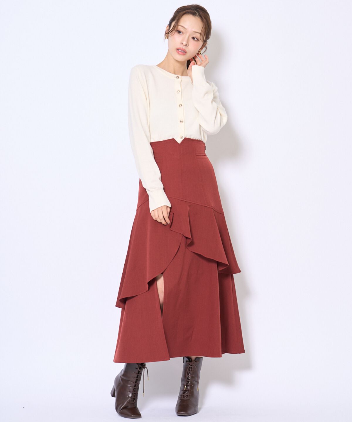 アンドクチュール「インナーミニティアードスカート」|フレア|ボルドー