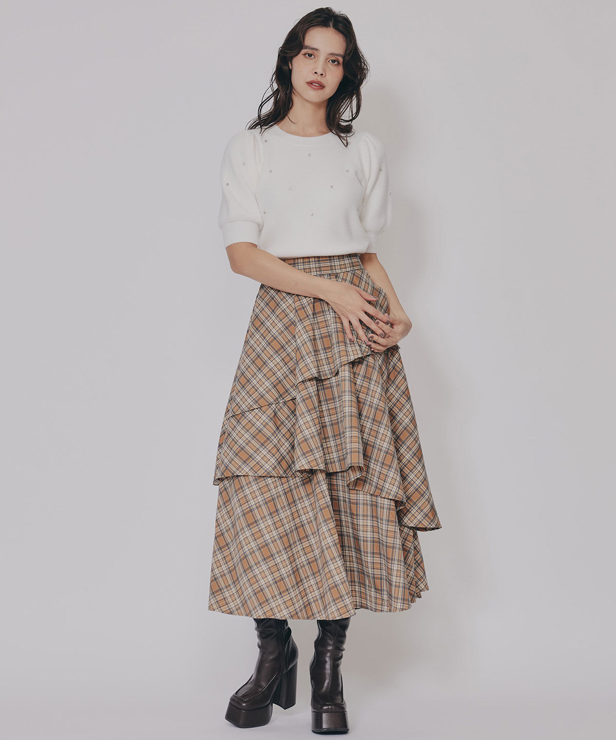REDYAZEL「タータンチェックティアードスカート」|フレア|