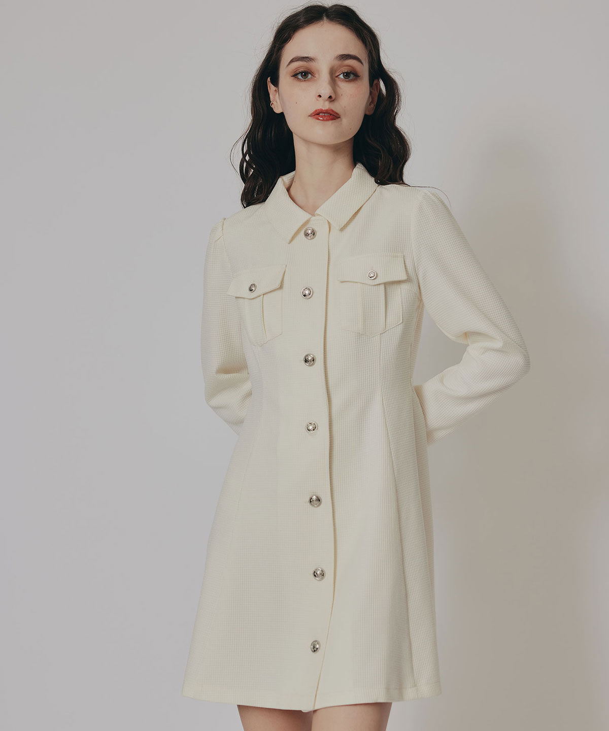 REDYAZEL「エンブレムボタンマイクロワッフルシャツワンピース」|ワンピース|
