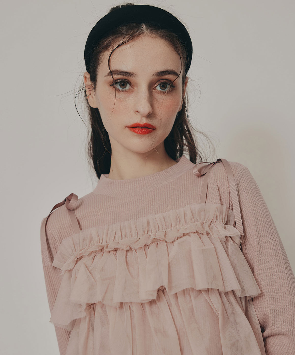 REDYAZEL「リボンチュールフリルビスチェニットトップス」|ニット・セーター|