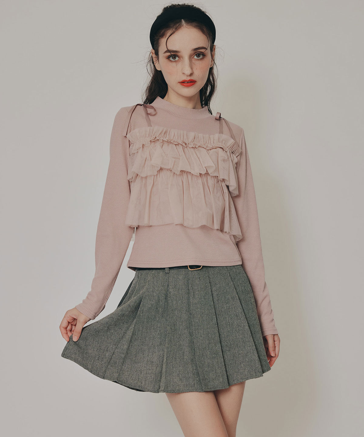 REDYAZEL「リボンチュールフリルビスチェニットトップス」|ニット・セーター|
