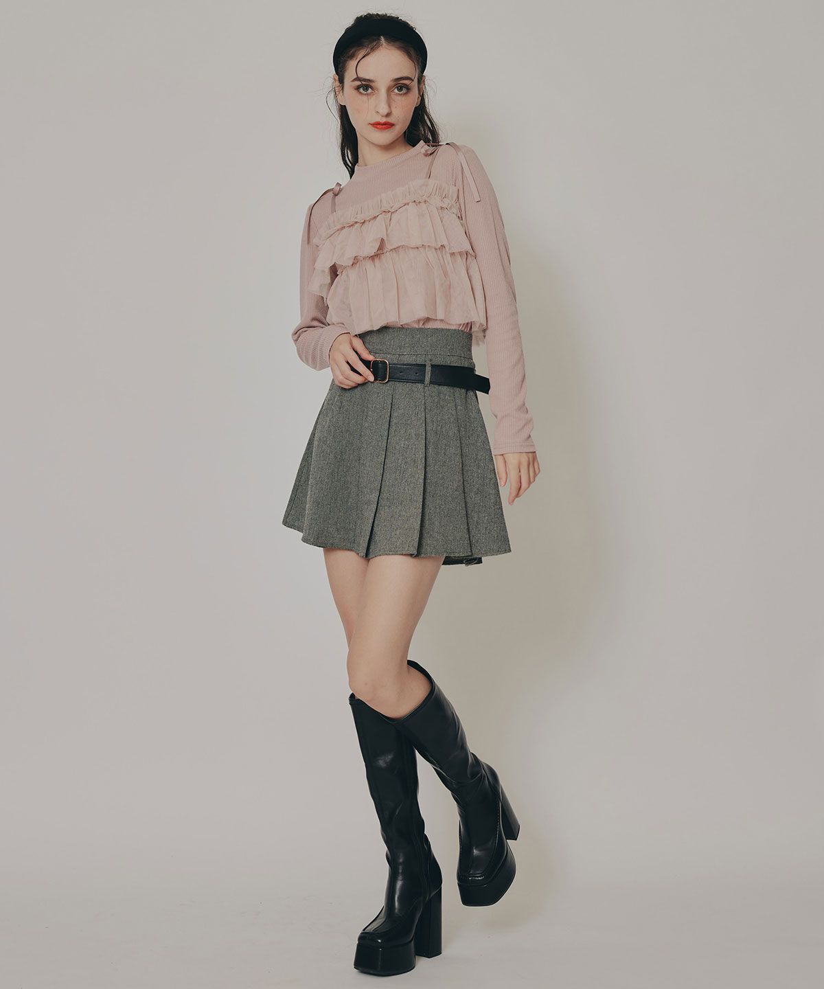 REDYAZEL「リボンチュールフリルビスチェニットトップス」|ニット・セーター|