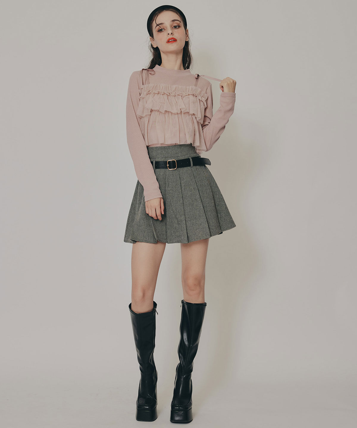 REDYAZEL「リボンチュールフリルビスチェニットトップス」|ニット・セーター|