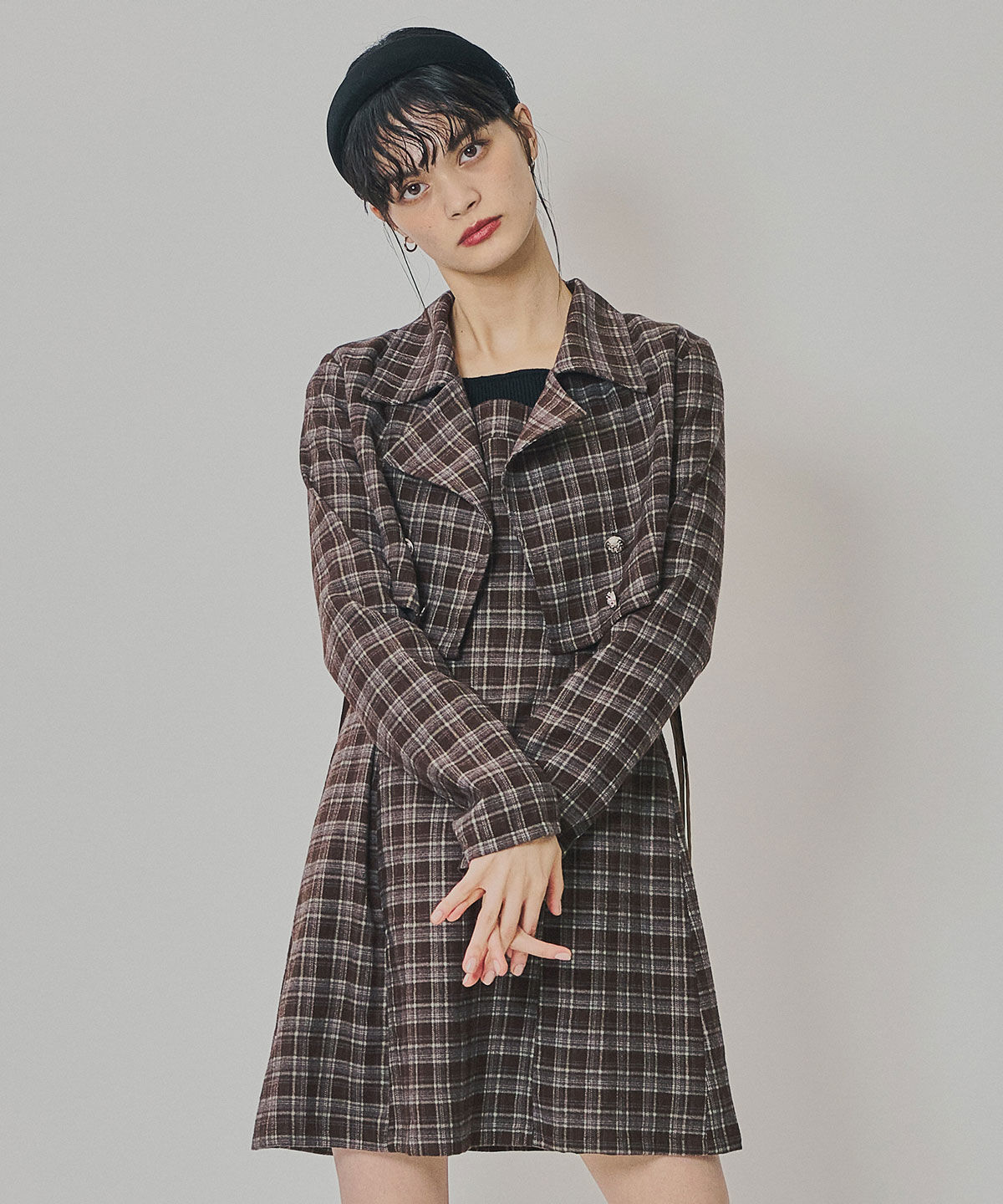 REDYAZEL「チェックショートジャケット&times;Wベルトワンピースセットアップ」|ワンピース|