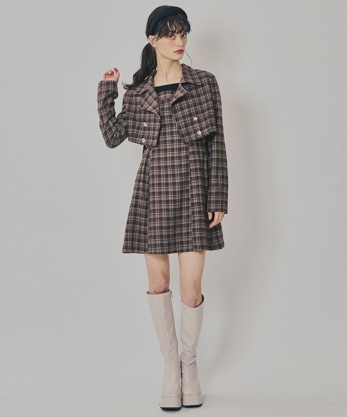 REDYAZEL「チェックショートジャケット&times;Wベルトワンピースセットアップ」|ワンピース|