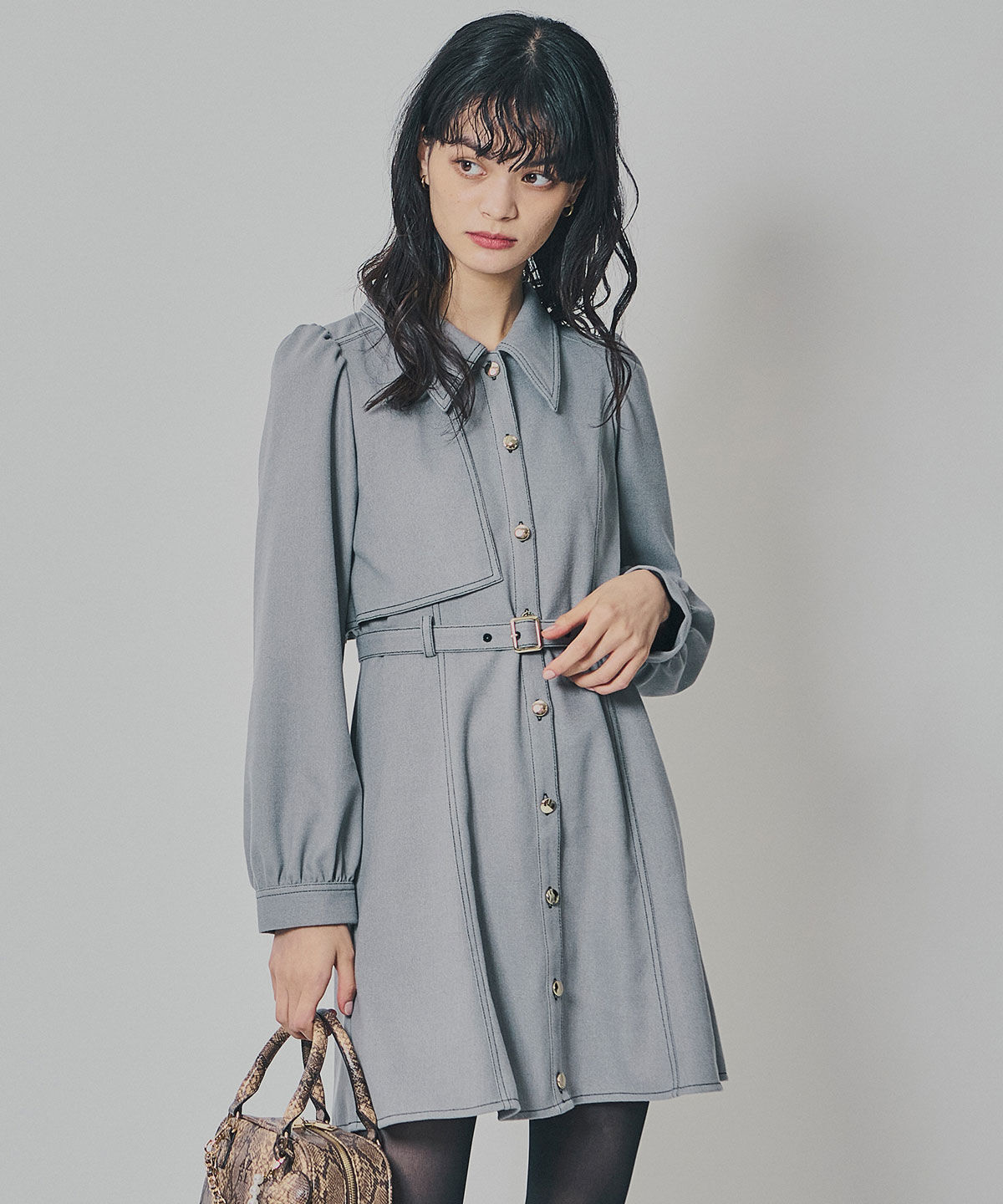 REDYAZEL「バイカラーステッチラインミニワンピース」|ワンピース|グレー