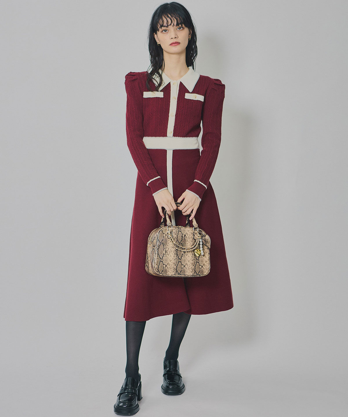 REDYAZEL「マルチケーブルバイカラーニットワンピース」|ワンピース|ボルドー