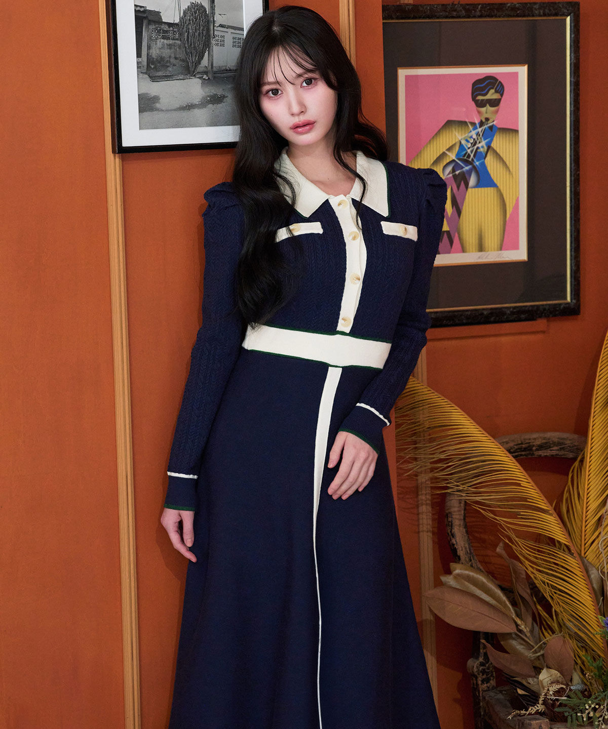 REDYAZEL「マルチケーブルバイカラーニットワンピース」|ワンピース|ネイビー