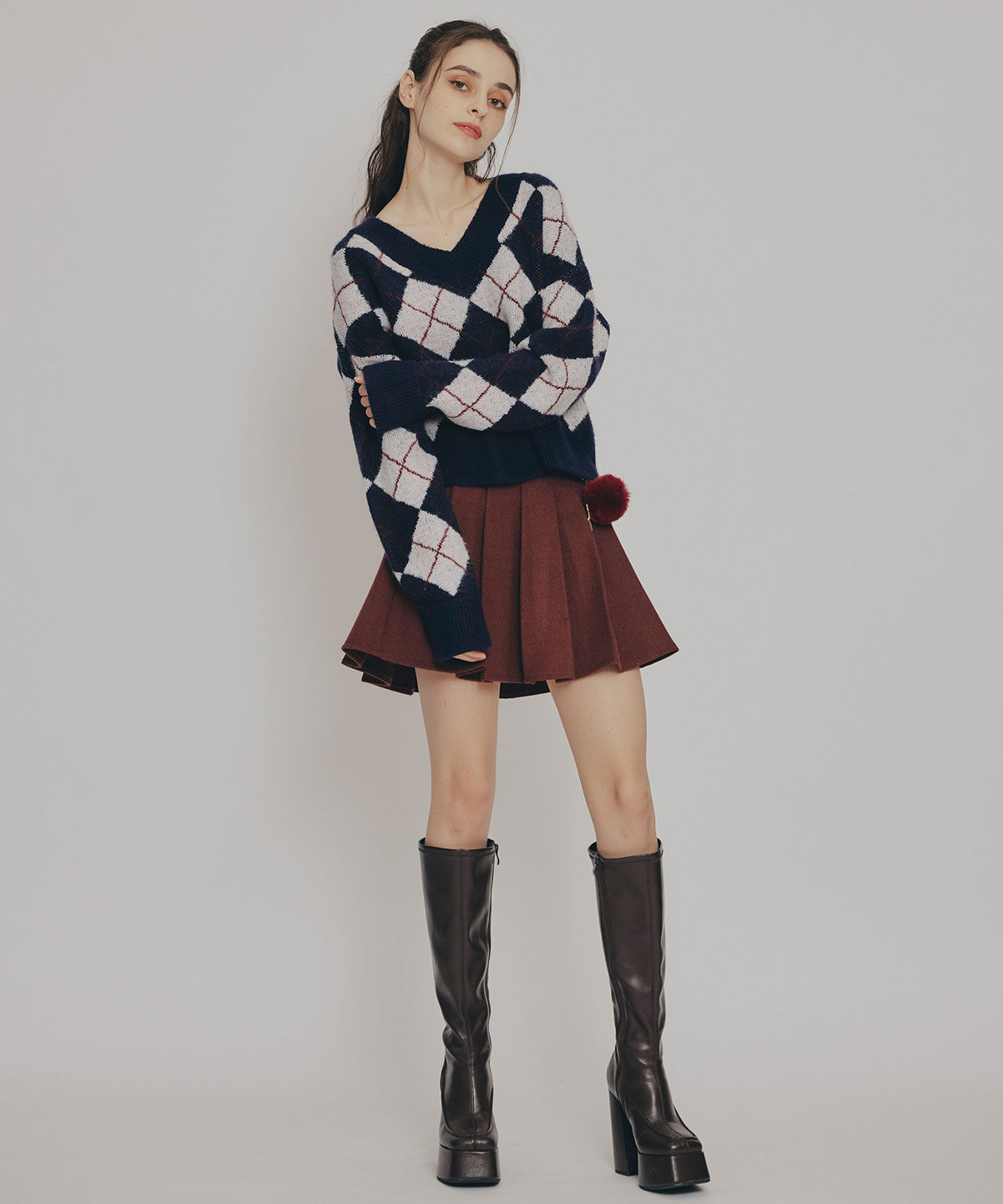 REDYAZEL「ファーチャームウールライクプリーツミニスカート」|フレア|