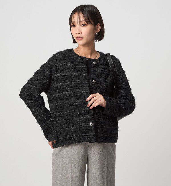 UNITED ARROWS green label relaxing「ミックスツイードライク ノーカラー ニット カーディガン」|カーディガン|BLACK