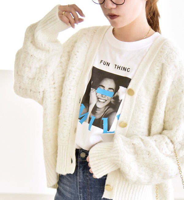 quaranciel「quaranciel: 透かし編み Vネック コンパクト ドルマンニットカーディガン」|カーディガン|