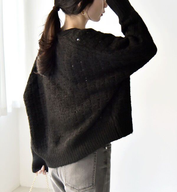 quaranciel「quaranciel: 透かし編み Vネック コンパクト ドルマンニットカーディガン」|カーディガン|