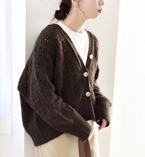 quaranciel「quaranciel: 透かし編み Vネック コンパクト ドルマンニットカーディガン」|カーディガン|