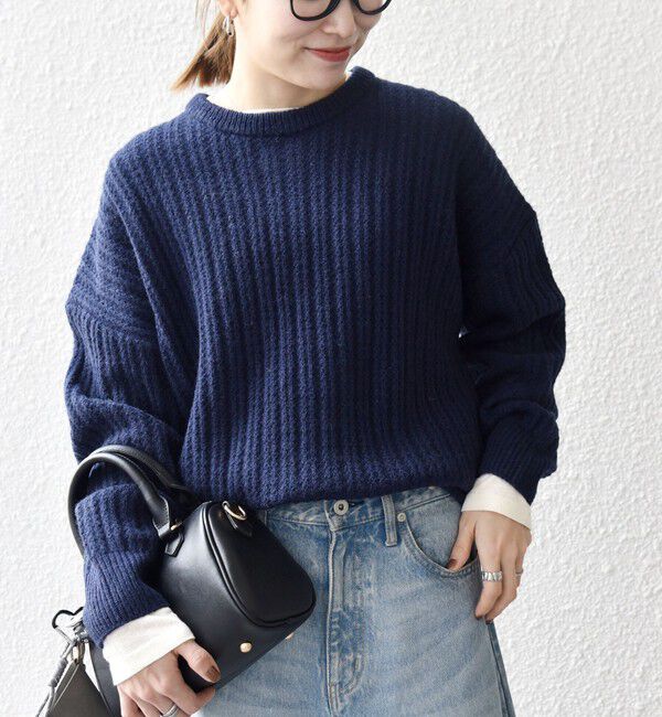 SHIPS any「SHIPS any: リブ タック編み クルーネック ボタン ニット プルオーバー」|ニット・セーター|ネイビー