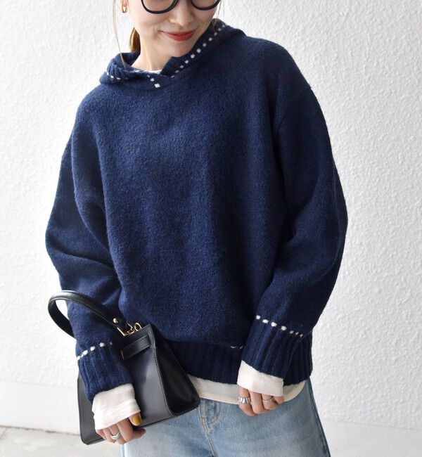 SHIPS any「SHIPS any:〈手洗い可能〉ステッチ デザイン フーディー ルーズ ニット」|ニット・セーター|ネイビー