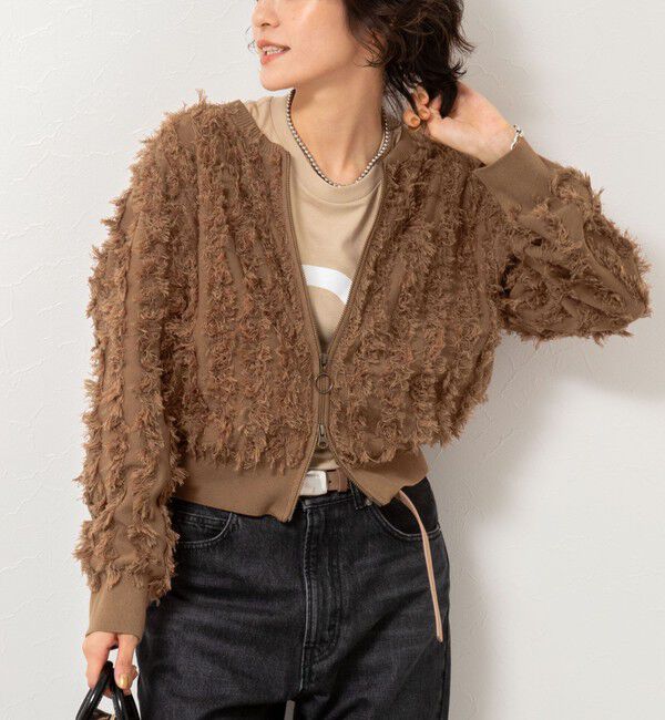 Rie Miller「《手洗い可能》カットジャガードジップアップカーディガン」|カーディガン|キャメル