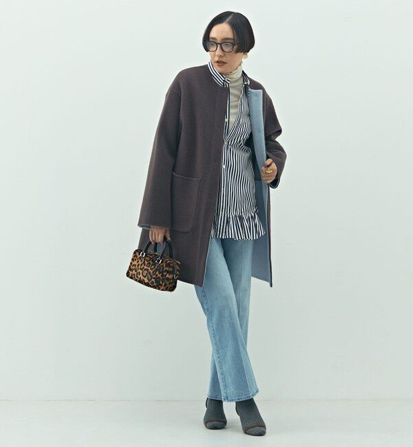 NOLLEY'S「バイカラーリバーコート」|ノーカラーコート|