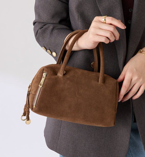  「【500mlペットボトル収納可/牛革】レザーチャームボストンバッグ/スエード」|ボストンバッグ|