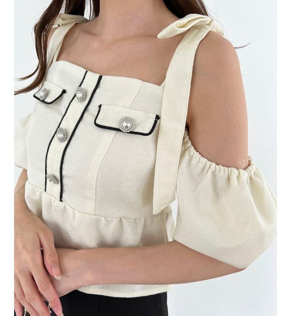  「肩リボンツイードペプラムブラウス」|シャツ・ブラウス|アイボリー