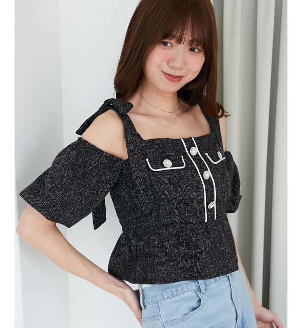  「肩リボンツイードペプラムブラウス」|シャツ・ブラウス|