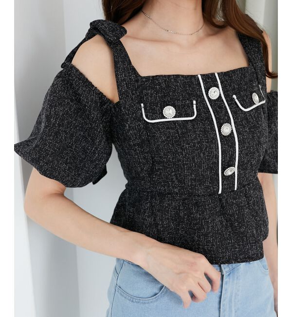  「肩リボンツイードペプラムブラウス」|シャツ・ブラウス|