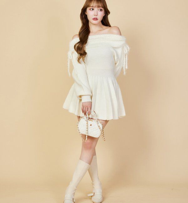  「オフショルプリーツニットミニワンピ」|ワンピース|