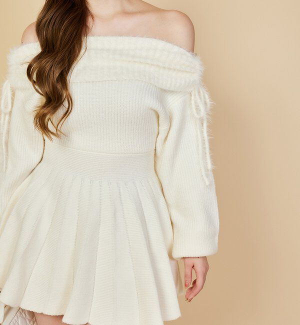  「オフショルプリーツニットミニワンピ」|ワンピース|