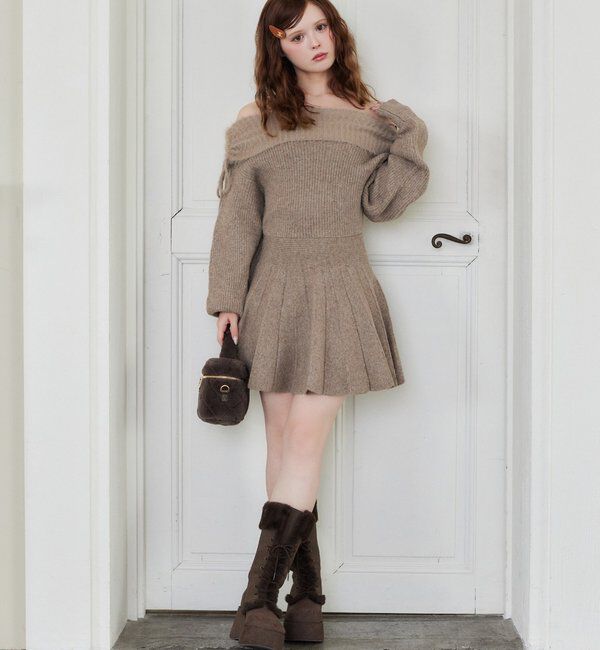  「オフショルプリーツニットミニワンピ」|ワンピース|