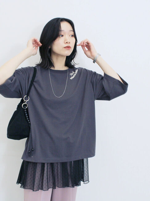 Samansa Mos2 blue「チェーン刺繍7分袖プルオーバー」|Tシャツ・カットソー|