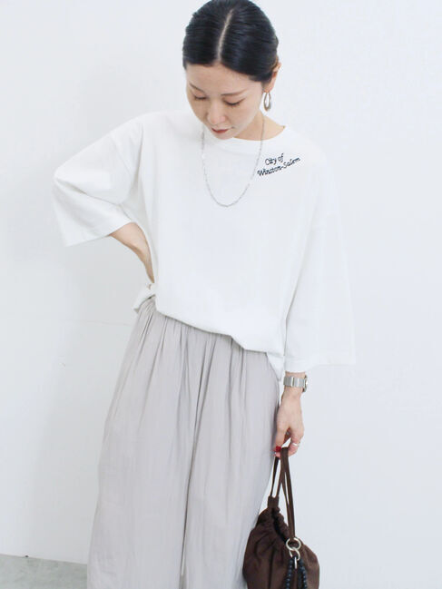 Samansa Mos2 blue「チェーン刺繍7分袖プルオーバー」|Tシャツ・カットソー|