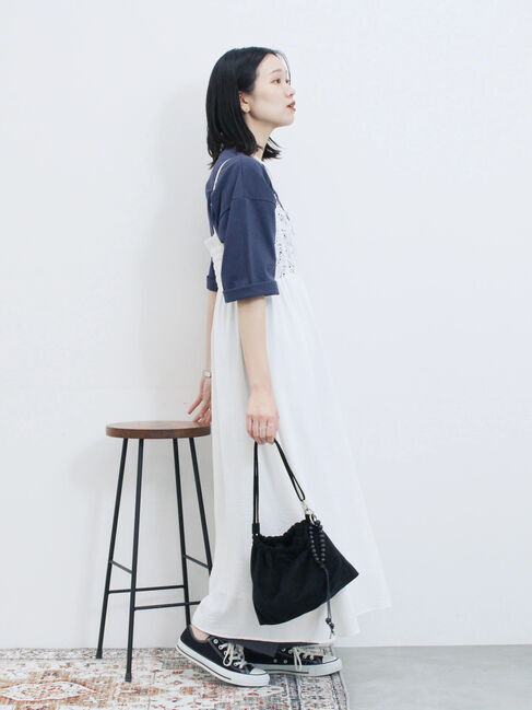 Samansa Mos2 blue「チェーン刺繍7分袖プルオーバー」|Tシャツ・カットソー|