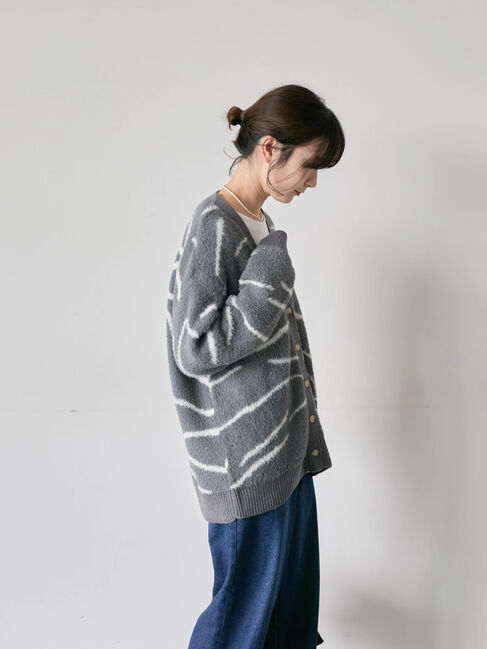 Samansa Mos2 blue「◎ニュアンス柄ニットCD」|カーディガン|