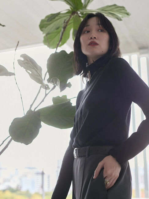 Samansa Mos2 blue「フリル衿ニットプルオーバー」|ニット・セーター|