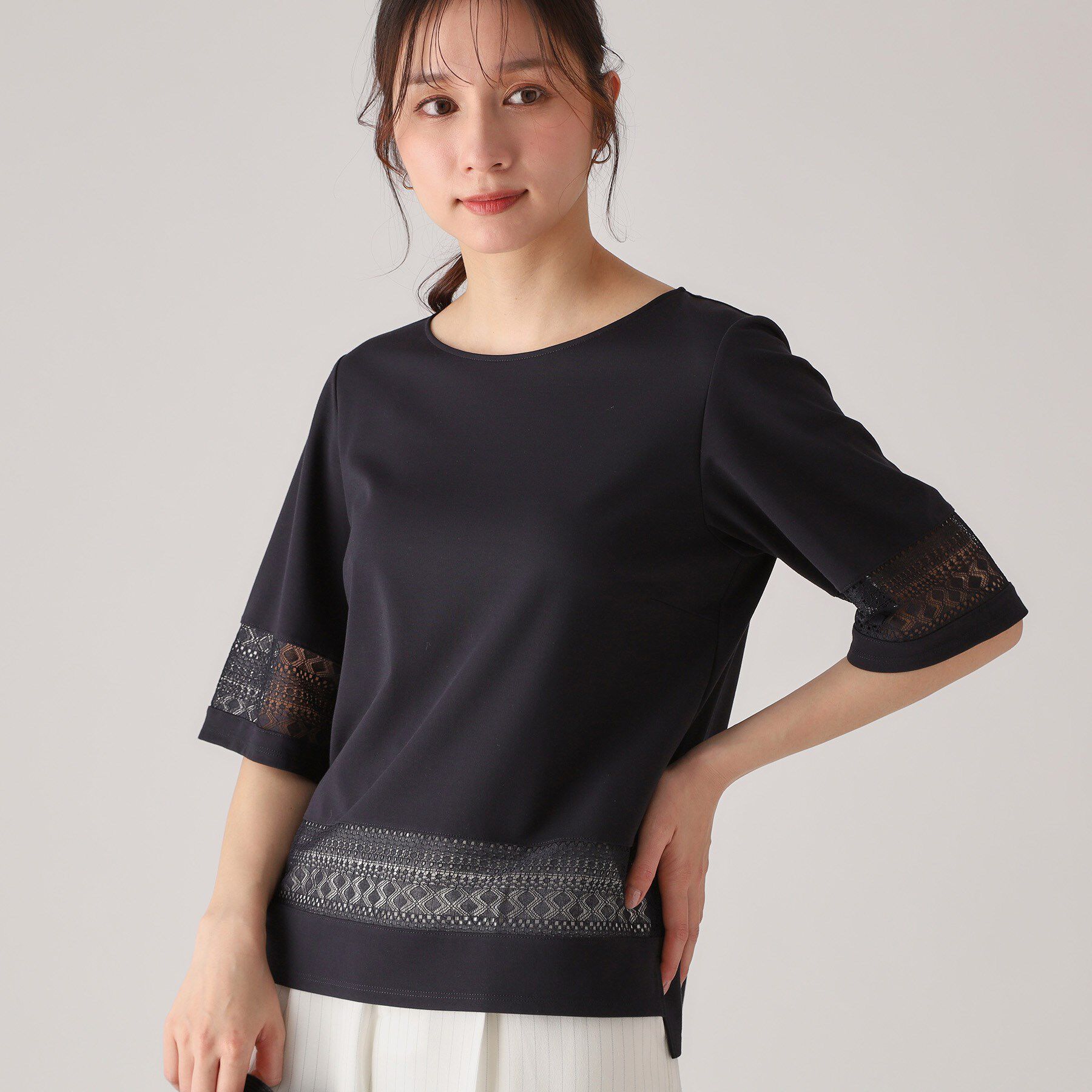 COUP DE CHANCE「【洗える／日本製】レース使いジャージトップス」|Tシャツ・カットソー|ネイビー(094)